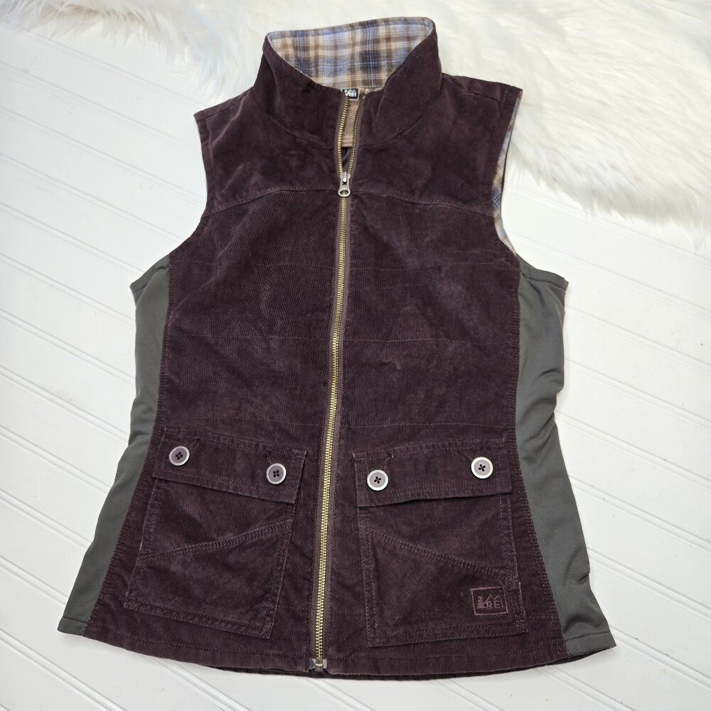 REI Co-op Riverstone Corduroy Vest Women's Size XS Full Zip Pockets Brown Green